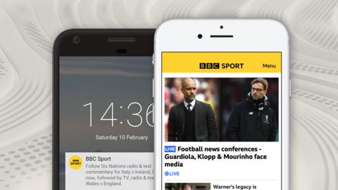 An image depicting the features of the BBC Sport app - notifications on a home screen and the home page