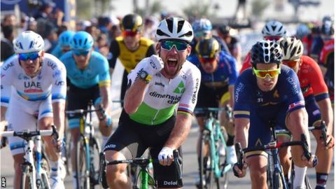 Mark Cavendish celebrates coming first in the Dubai Tour third stage
