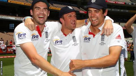 England's James Anderson, Graeme Swann and Alastair Cook celebrate retaining the Ashes in Melbourne in 2010