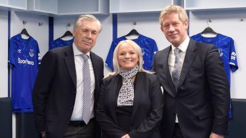 Everton manager Carlo Ancelotti with chief executive Denise Barrett-Baxendale and director of football Marcel Brands