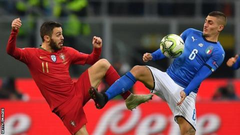Bernardo Silva of Portugal (left) challenges Marco Verratti of Italy