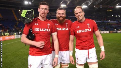 Jake Ball (centre) was one of four locks who started for Wales in the 2019 Six Nations alongside Adam Beard (left) and Alun Wyn Jones (right)