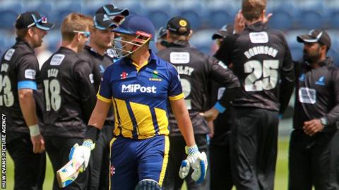 Glamorgan captain Jacques Rudolph walks off after being dismissed by Oliver Robinson for 1