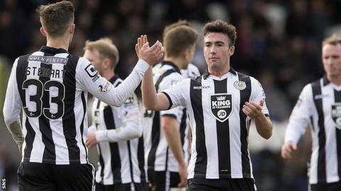 St Mirren's Stephen Mallan and Jordan Stewart (left) celebrate after Callum Tapping's own goal gave them the win