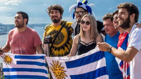 Uruguay fans before their World Cup quarter-final game against France