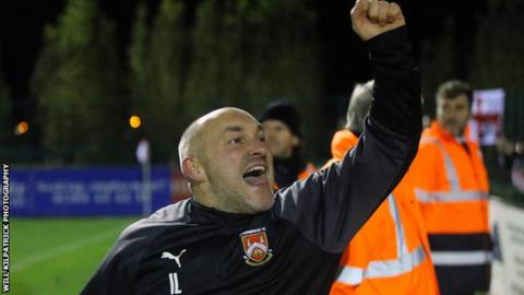 Stourbridge manager Ian Long celebrates the comeback from 2-0 down to win the FA Cup fourth qualifying round replay 3-2 against Whitby and book the Glassboys' latest first round adventure