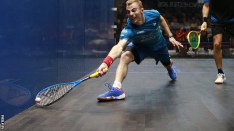 Nick Matthew playing in the British Grand Prix in Manchester