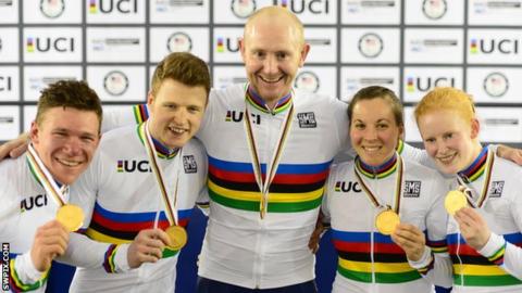 Britain's Matt Rotherham, James Ball, Jon Gildea, Corrine Hall and Sophie Thornhill celebrate their gold medals