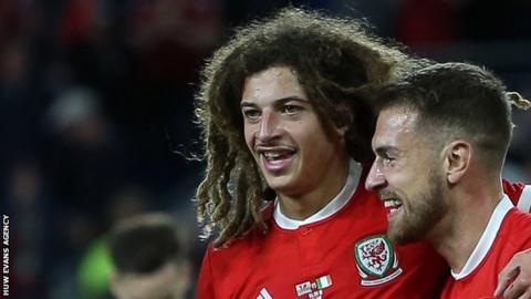 Ethan Ampadu and Aaron Ramsey celebrate for Wales