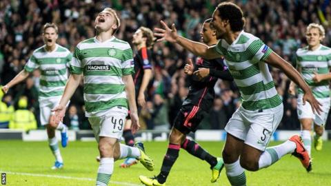 Celtic's James Forrest celebrates scoring against Ajax