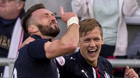 Lee Miller celebrates a recent goal for Falkirk against Dundee United