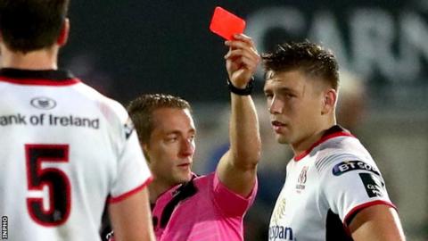 Referee Andrew Brace shows the red card to Matty Rea in the 22-15 loss to Connacht at Kingspan Stadium