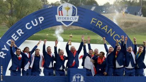 Team Europe celebrating winning the Ryder Cup in 2018