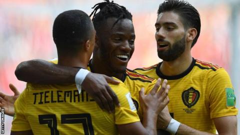 Belgium celebrate goal against Tunisia