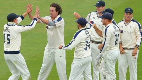 Yorkshire's players celebrate another Ryan Sidebottom scalp at Edgbaston