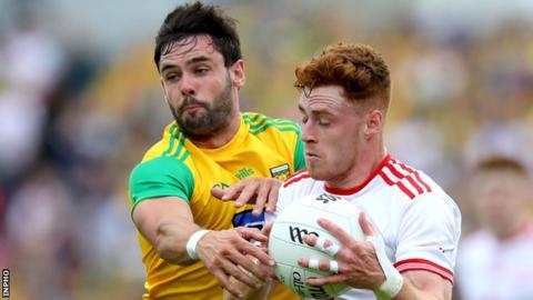 Odhran MacNiallais battles with Tyrone's Conor Meyler in last year's Super 8s contest in Ballybofey