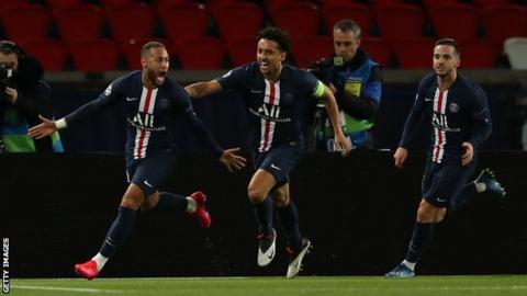 Neymar celebrates scoring in a 2-0 win over Borussia Dortmund in a behind-closed-doors game at the Parc de Princes