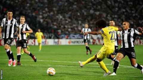 Willian opens the scoring for Chelsea against PAOK Salonika