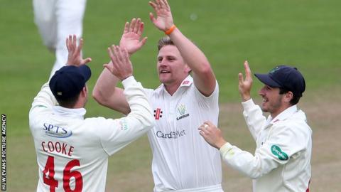 Timm van der Gugten celebrates an early wicket for Glamorgan against Essex