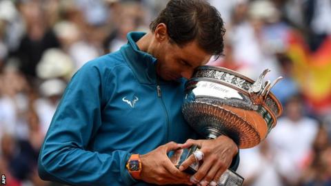 Rafael Nadal with French Open trophy