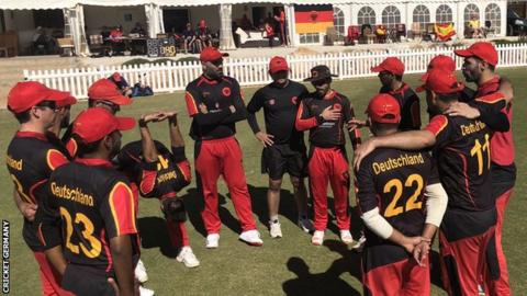 Germany players gather before a Twenty20 fixture against Spain