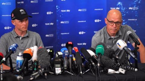 Team Sky rider Chris Froome and team boss Sir Dave Brailsford speak at a press conference