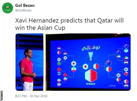 Tweet by Gol Bezan, saying: Xavi Hernandez predicts that Qatar will win the Asian Cup