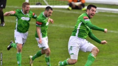Ross Allen celebrates his late winner for Guernsey FC
