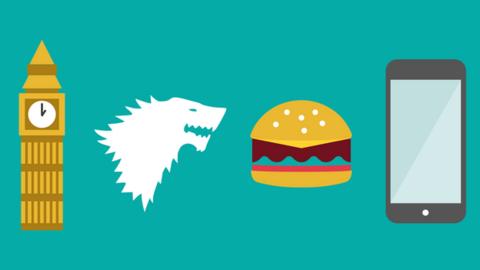 A graphic of Big Ben, a burger, smart phone and Game of Thrones-type wolf's head all relating to the London Marathon