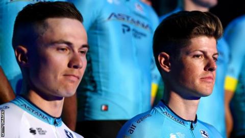 Alexey Lutsenko and Jakob Fuglsang at an Astana team presentation