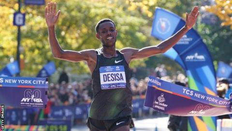Lelisa Desisa crosses the line to win the New York Marathon