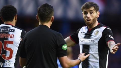 St Mirren's Greg Tansey speaks to referee Andrew Dallas
