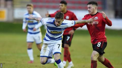 Morton's Gary Oliver contests the ball with Brechin City's Finn Graham