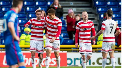 Hamilton celebrate Carlton Morris's goal, which clinched the three points