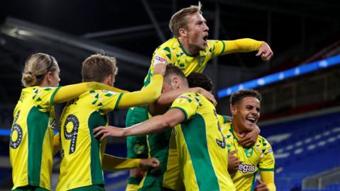 Norwich celebrate Dennis Srbeny's goal