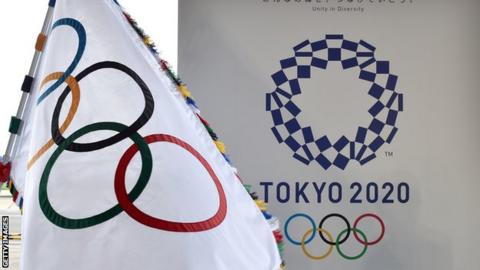 The Olympic rings and Tokyo 2020 sign