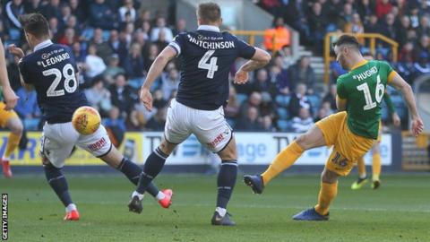 Andrew Hughes scores Preston's first goal against Milwall