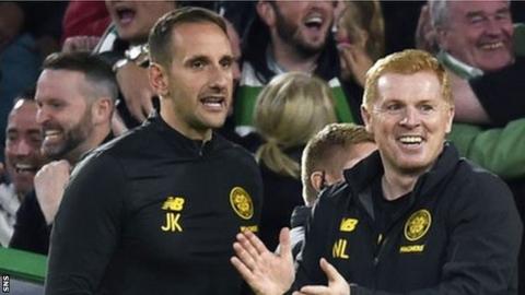 Celtic assistant John Kennedy and manager Neil Lennon celebrate