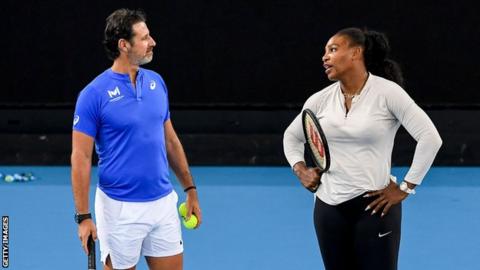 Patrick Mouratoglou and Serena Williams during practice before the Australian Open