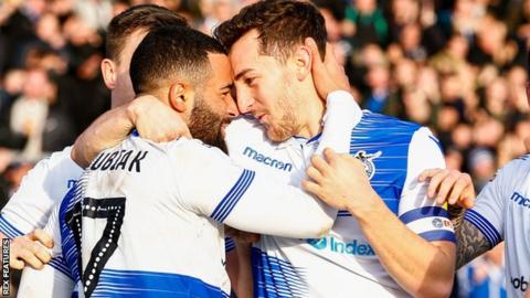 Bristol Rovers celebrate a goal against Oxford United