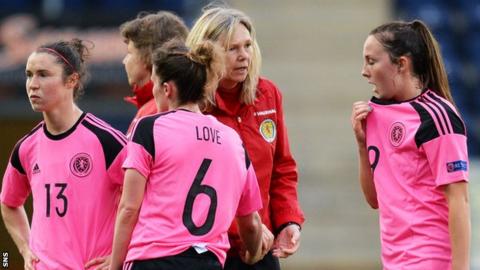 Scotland Coach Anna Signeul consoles Jane Ross (left), Jo Love and Caroline Weir (right)