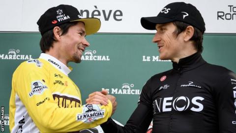 Tour de Romandie winner Primoz Roglic (left) with Briton Geraint Thomas of team Ineos