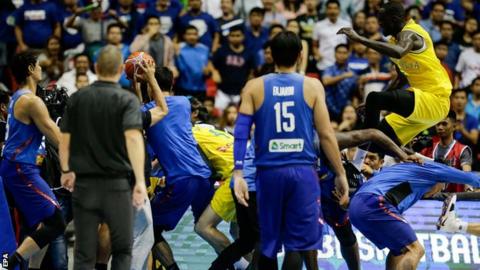 Players fight during the Philippines v Australia basketball match