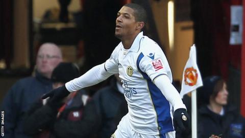 Jermaine Backford scores for Leeds United at Manchester United in January 2010