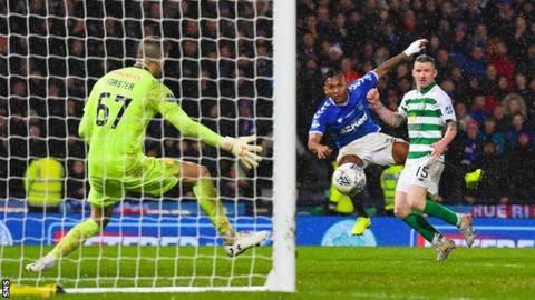 Alfredo Morelos shoots for Rangers against Celtic