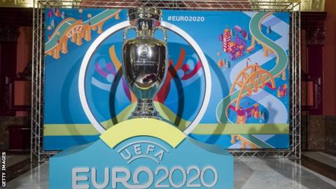 The European Championship trophy and Euro 2020 logo