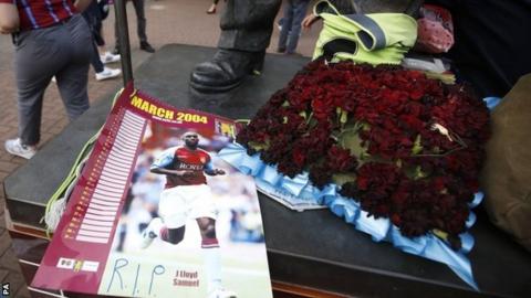 Tributes to Jlloyd Samuel have been left outside Aston Villa's ground