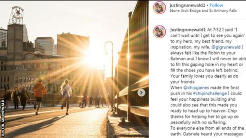 Grunewald's husband Justin shared this image of him running alongside Gabriele in announcing she had died