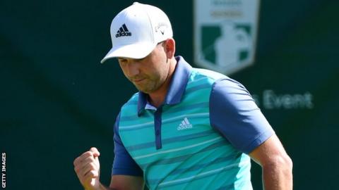 Sergio Garcia shows his delight after carding his eighth birdie of the day on 17