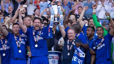 Sean Morrison of Cardiff City and Cardiff City manager Neil Warnock celebrate